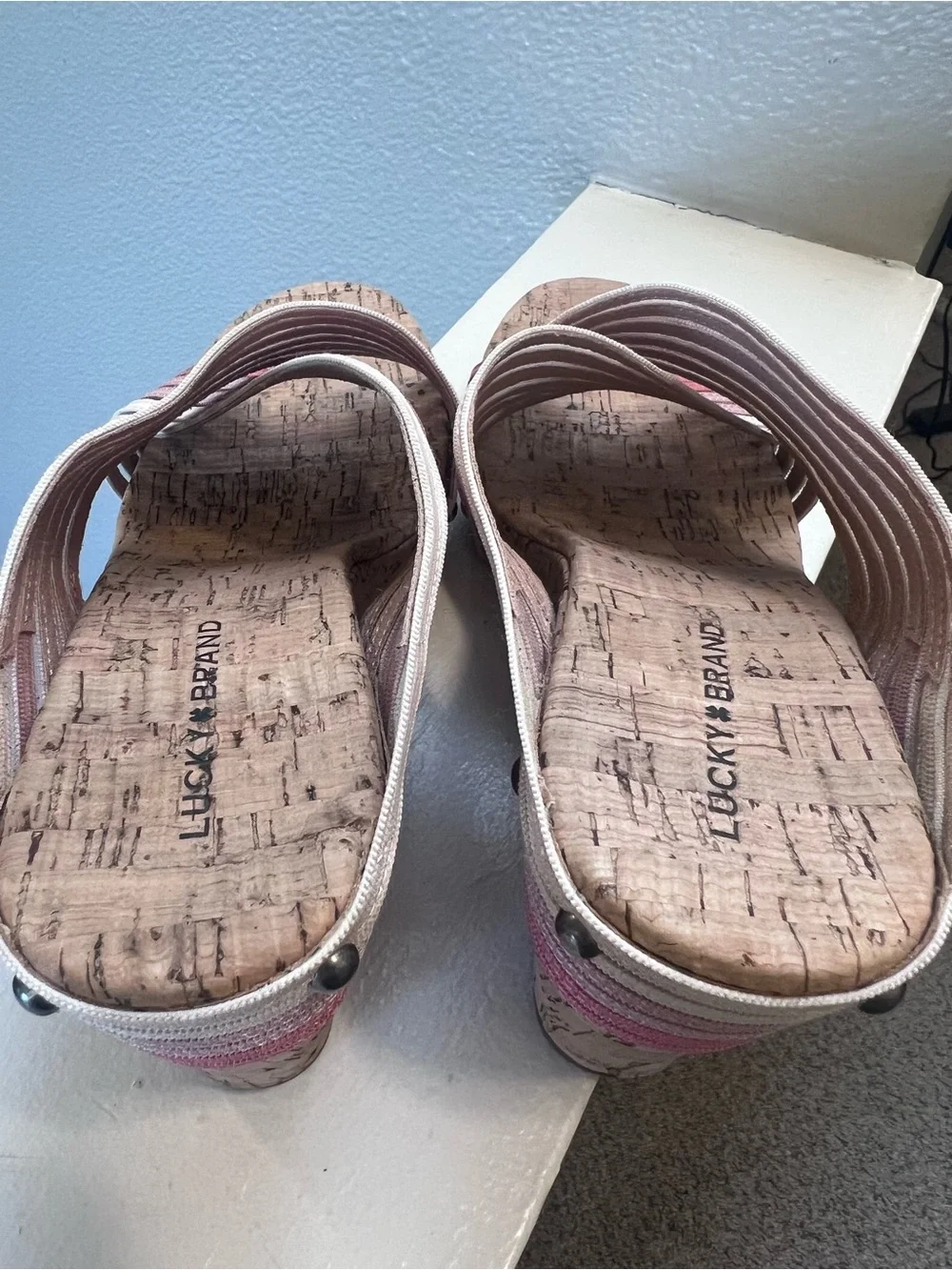 Lucky Brand Pink Ombré Cork Wedge Sandals Crisscross Wedge Size 9